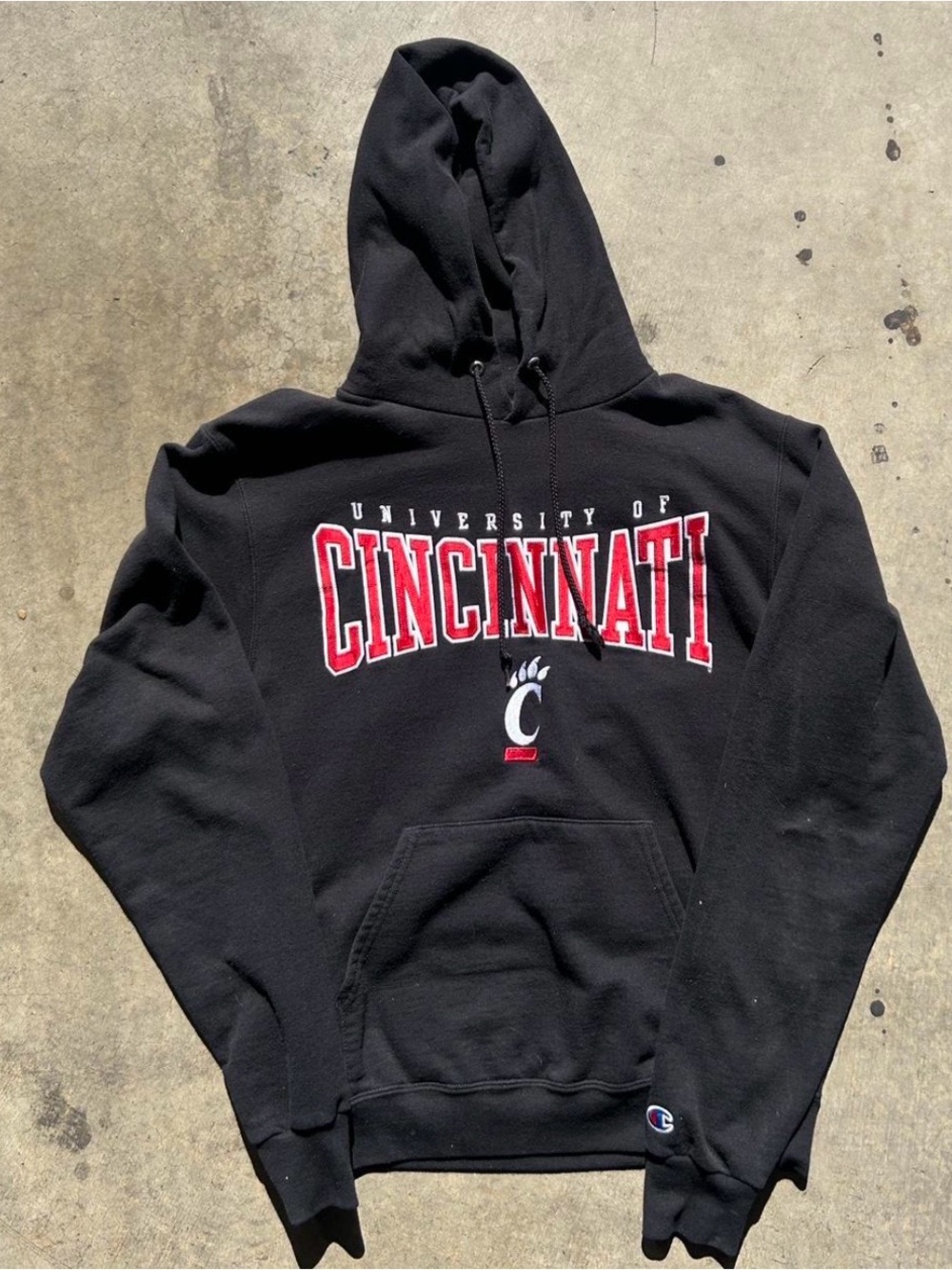Champion Black Hoodie with Red & White Cincinnati Script